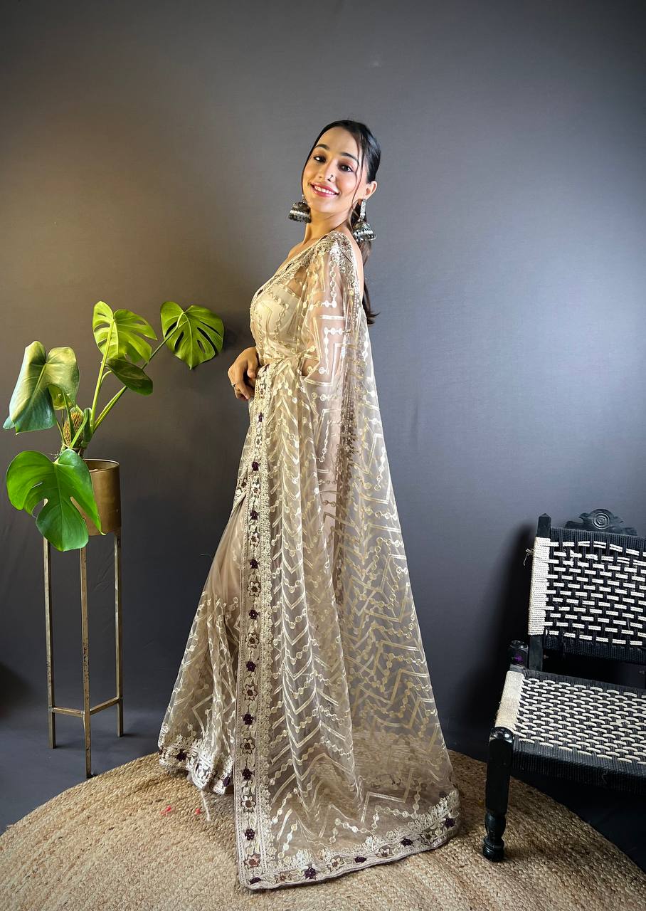 Teeya Creation Chiku Color Butterfly Net Embroidery Work Saree | Grocsy