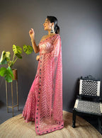 Teeya Creation Pink Color Butterfly Net Embroidery Work Saree | Grocsy