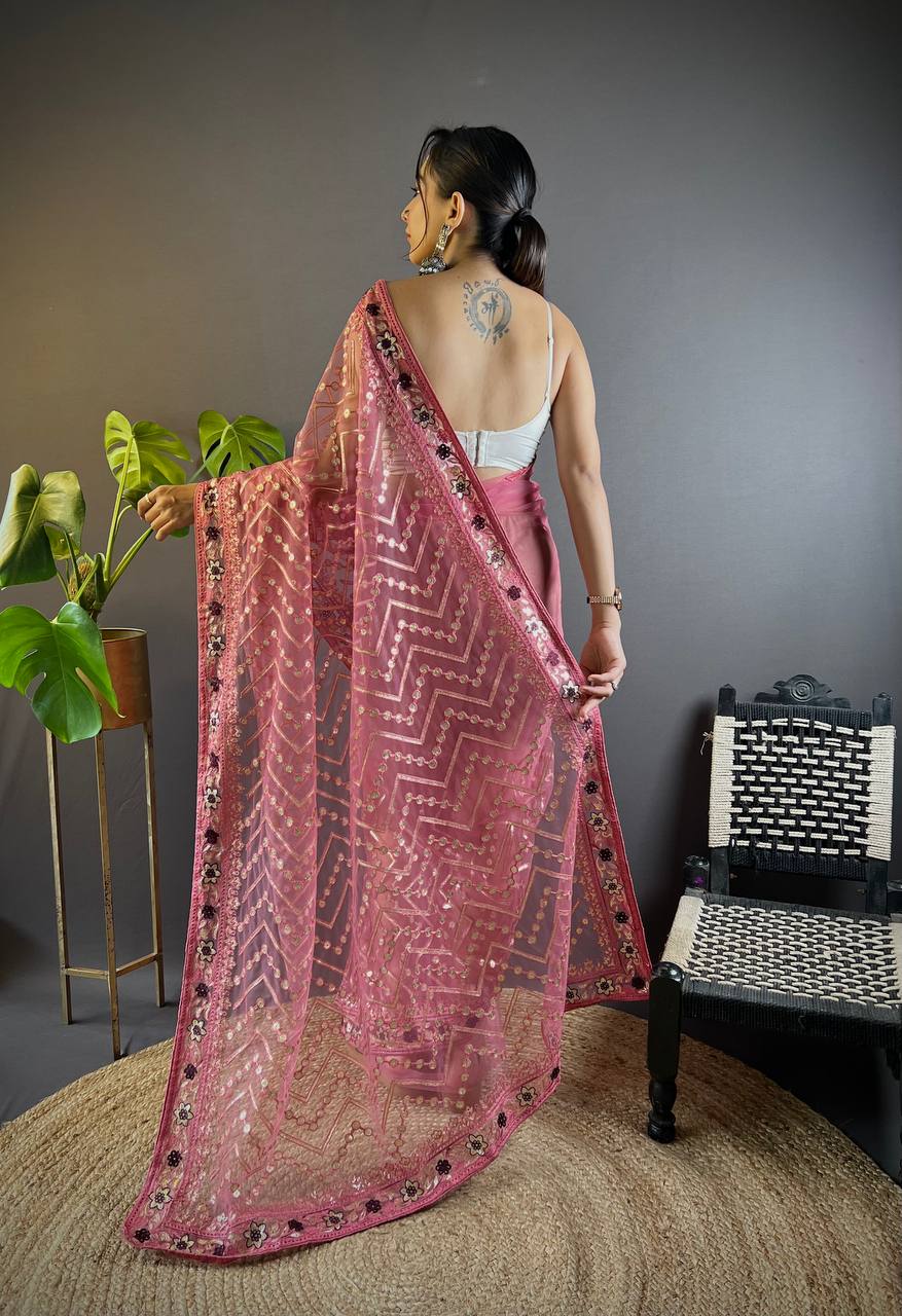 Teeya Creation Pink Color Butterfly Net Embroidery Work Saree | Grocsy