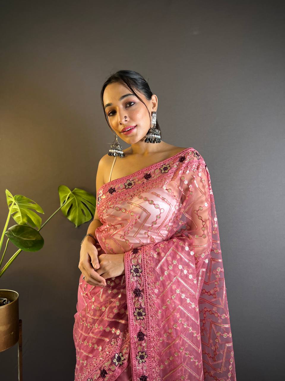 Teeya Creation Pink Color Butterfly Net Embroidery Work Saree | Grocsy