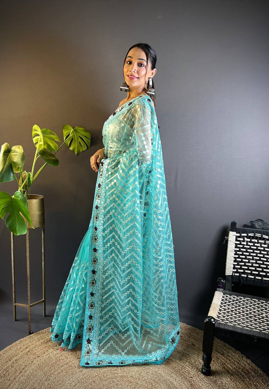 Teeya Creation Sky Color Butterfly Net Embroidery Work Saree | Grocsy
