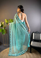 Teeya Creation Sky Color Butterfly Net Embroidery Work Saree | Grocsy
