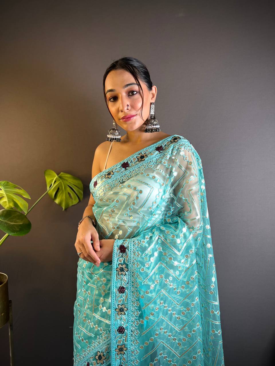 Teeya Creation Sky Color Butterfly Net Embroidery Work Saree | Grocsy