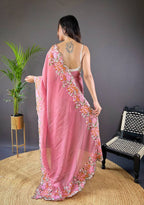 Teeya Creation Gajari Color Soft Glossy Silk Heavy Embroidery Work Saree | Grocsy