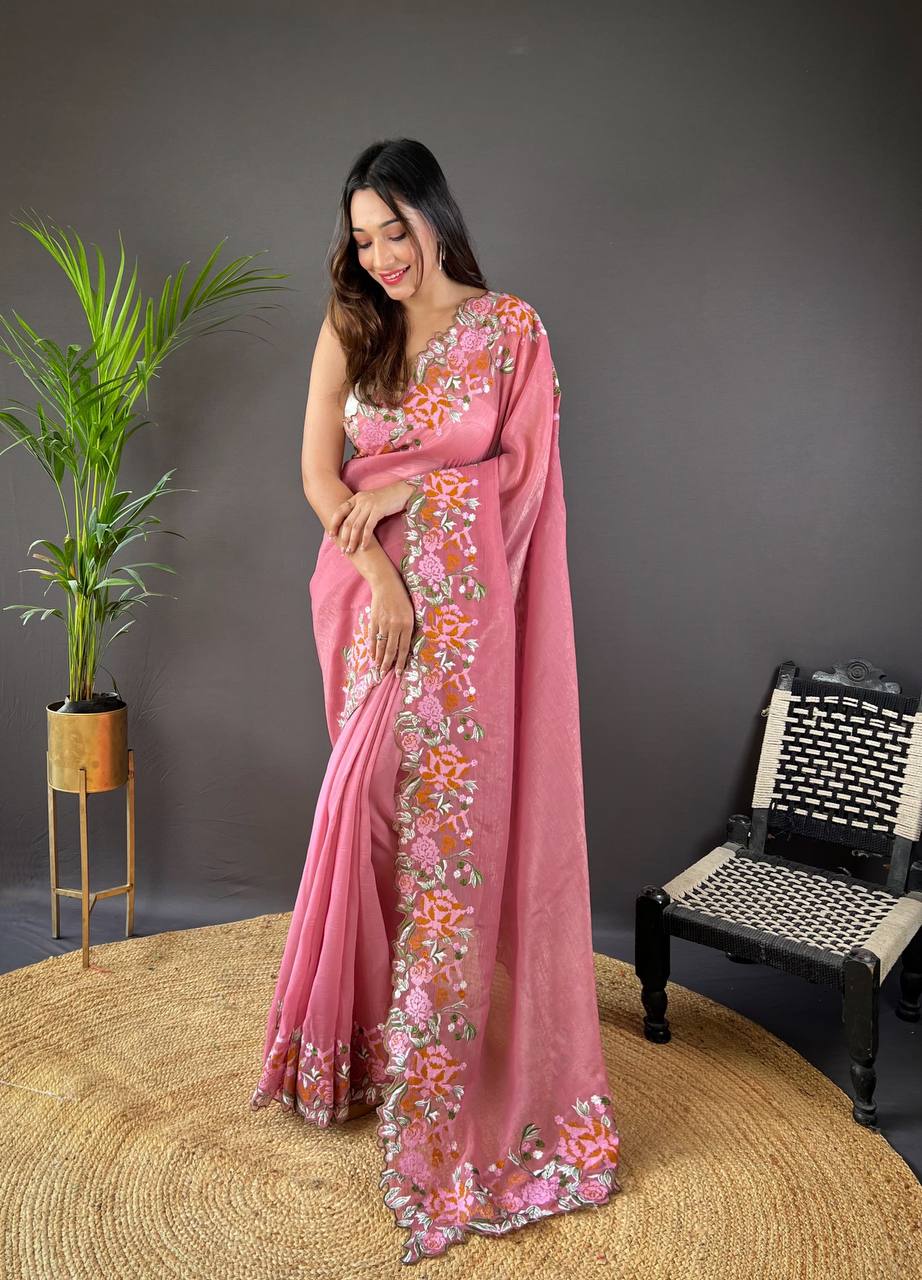 Teeya Creation Gajari Color Soft Glossy Silk Heavy Embroidery Work Saree | Grocsy