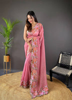 Teeya Creation Gajari Color Soft Glossy Silk Heavy Embroidery Work Saree | Grocsy