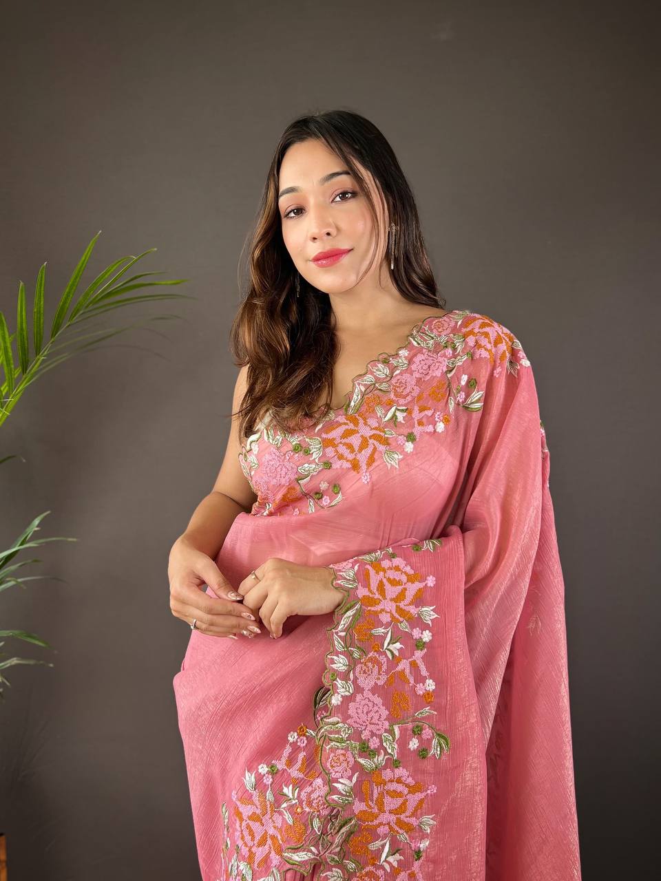 Teeya Creation Gajari Color Soft Glossy Silk Heavy Embroidery Work Saree | Grocsy