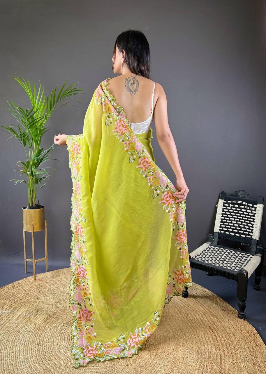 Teeya Creation Olive Color Soft Glossy Silk Heavy Embroidery Work Saree | Grocsy