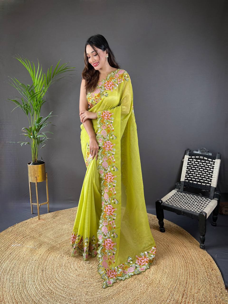 Teeya Creation Olive Color Soft Glossy Silk Heavy Embroidery Work Saree | Grocsy