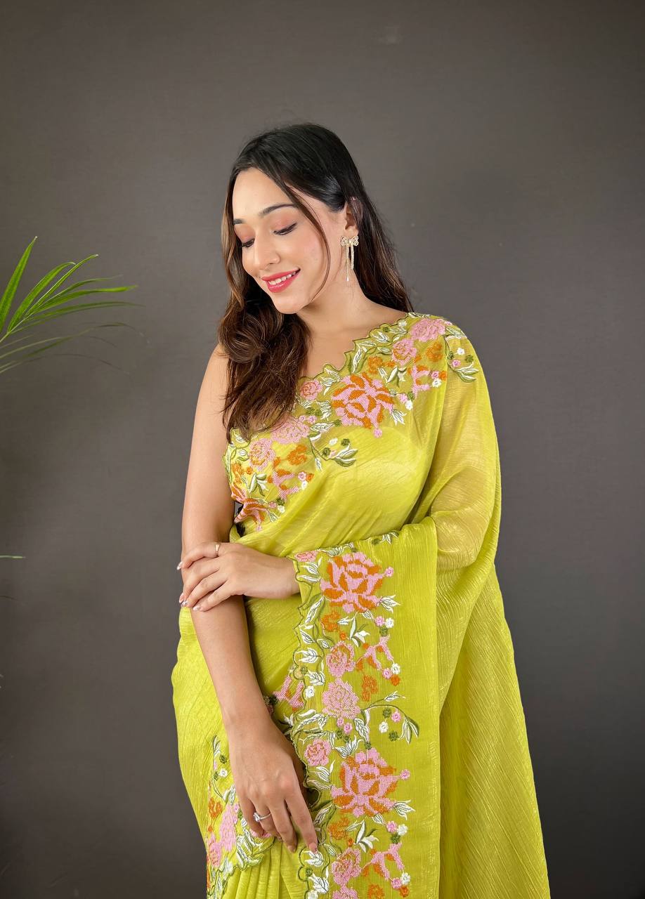 Teeya Creation Olive Color Soft Glossy Silk Heavy Embroidery Work Saree | Grocsy