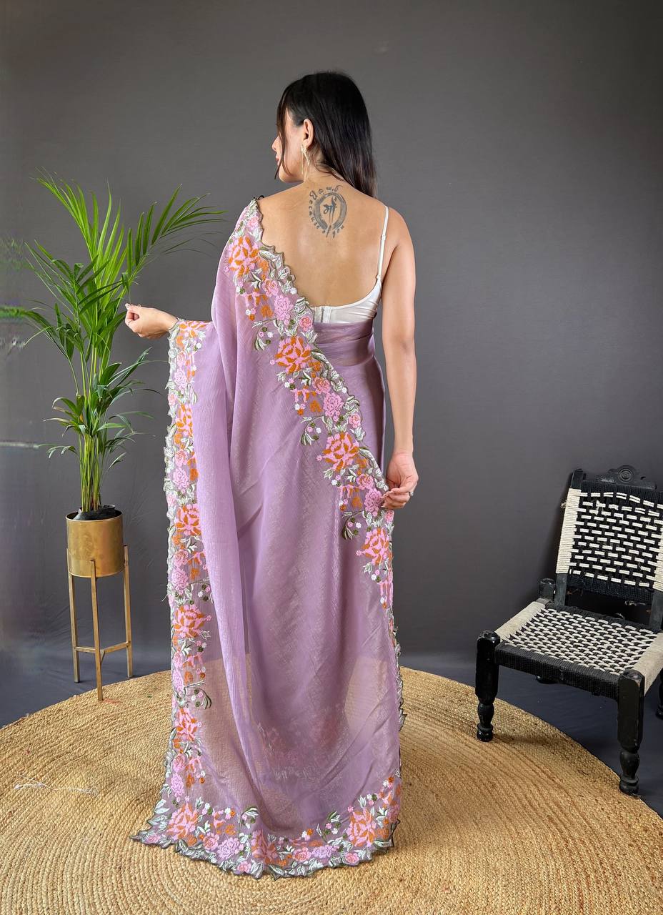 Teeya Creation Onion Color Soft Glossy Silk Heavy Embroidery Work Saree | Grocsy