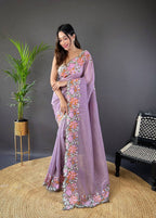 Teeya Creation Onion Color Soft Glossy Silk Heavy Embroidery Work Saree | Grocsy