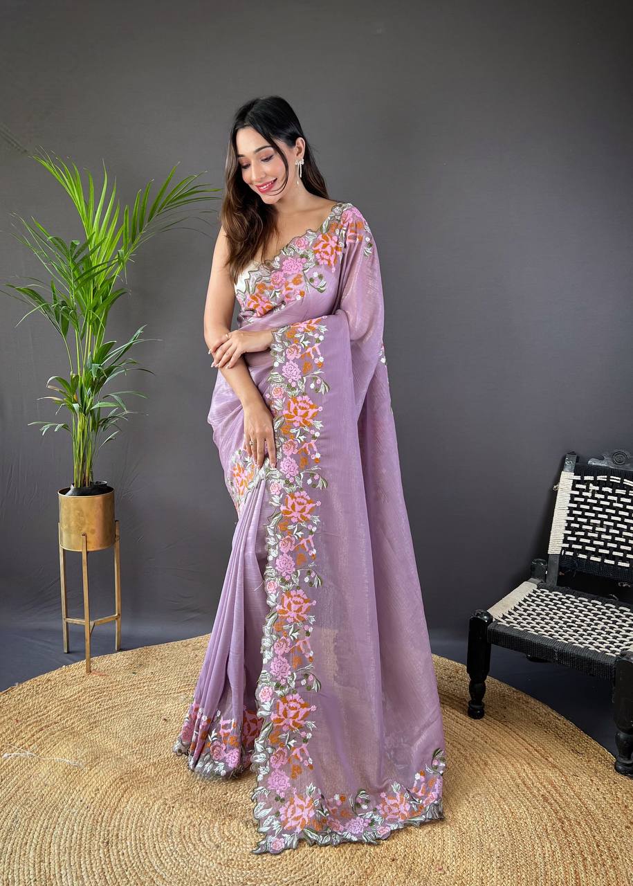 Teeya Creation Onion Color Soft Glossy Silk Heavy Embroidery Work Saree | Grocsy