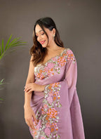 Teeya Creation Onion Color Soft Glossy Silk Heavy Embroidery Work Saree | Grocsy