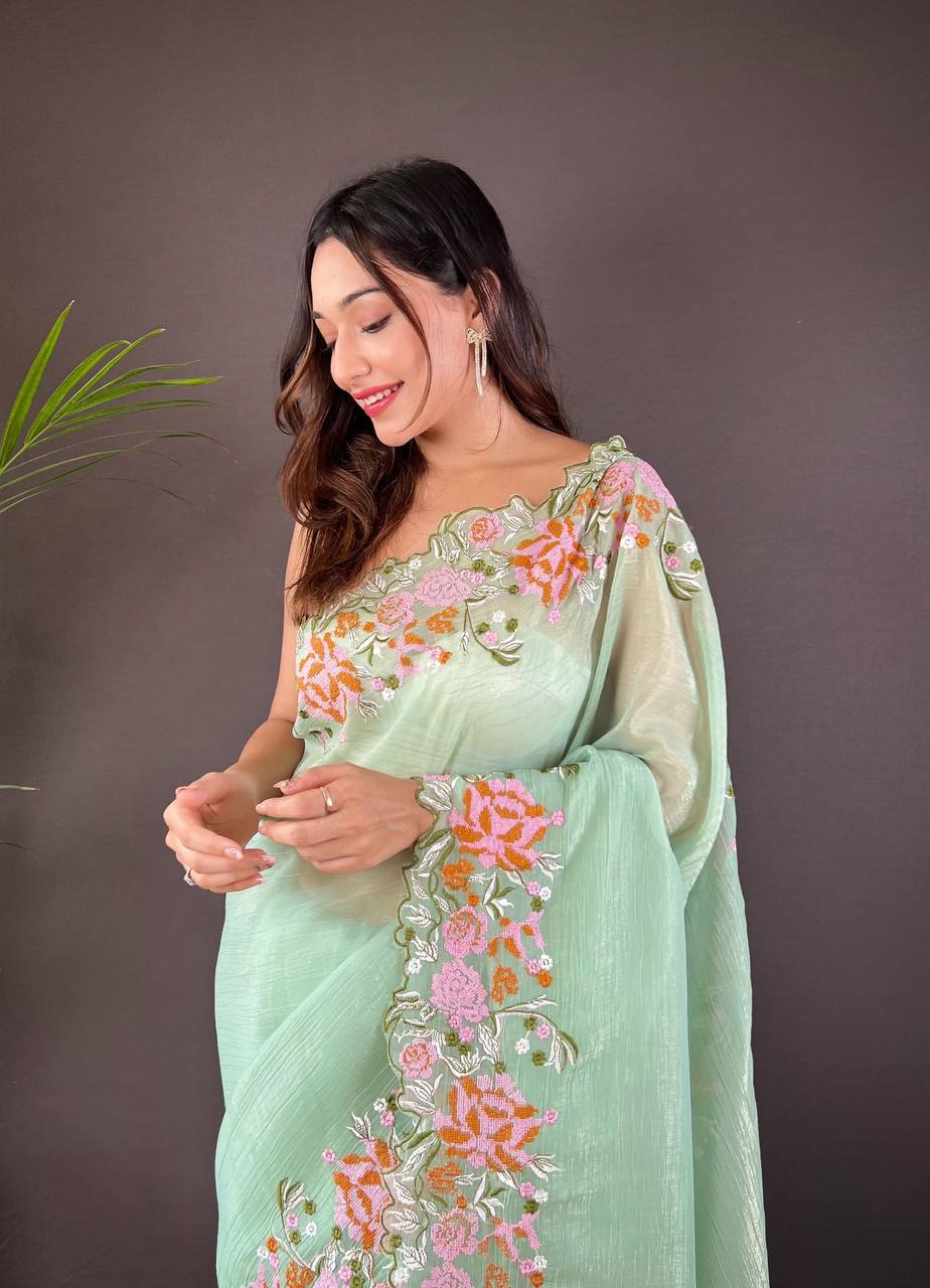 Teeya Creation Pista Color Soft Glossy Silk Heavy Embroidery Work Saree | Grocsy