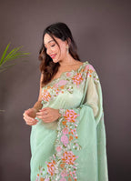 Teeya Creation Pista Color Soft Glossy Silk Heavy Embroidery Work Saree | Grocsy