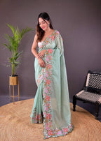 Teeya Creation Pista Color Soft Glossy Silk Heavy Embroidery Work Saree | Grocsy