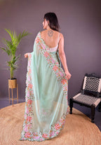Teeya Creation Pista Color Soft Glossy Silk Heavy Embroidery Work Saree | Grocsy