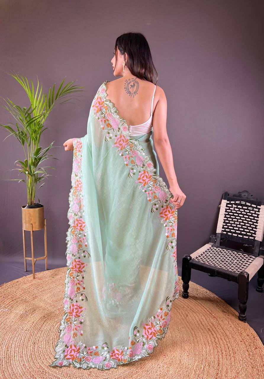 Teeya Creation Pista Color Soft Glossy Silk Heavy Embroidery Work Saree | Grocsy