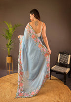 Teeya Creation Sky Color Soft Glossy Silk Heavy Embroidery Work Saree | Grocsy
