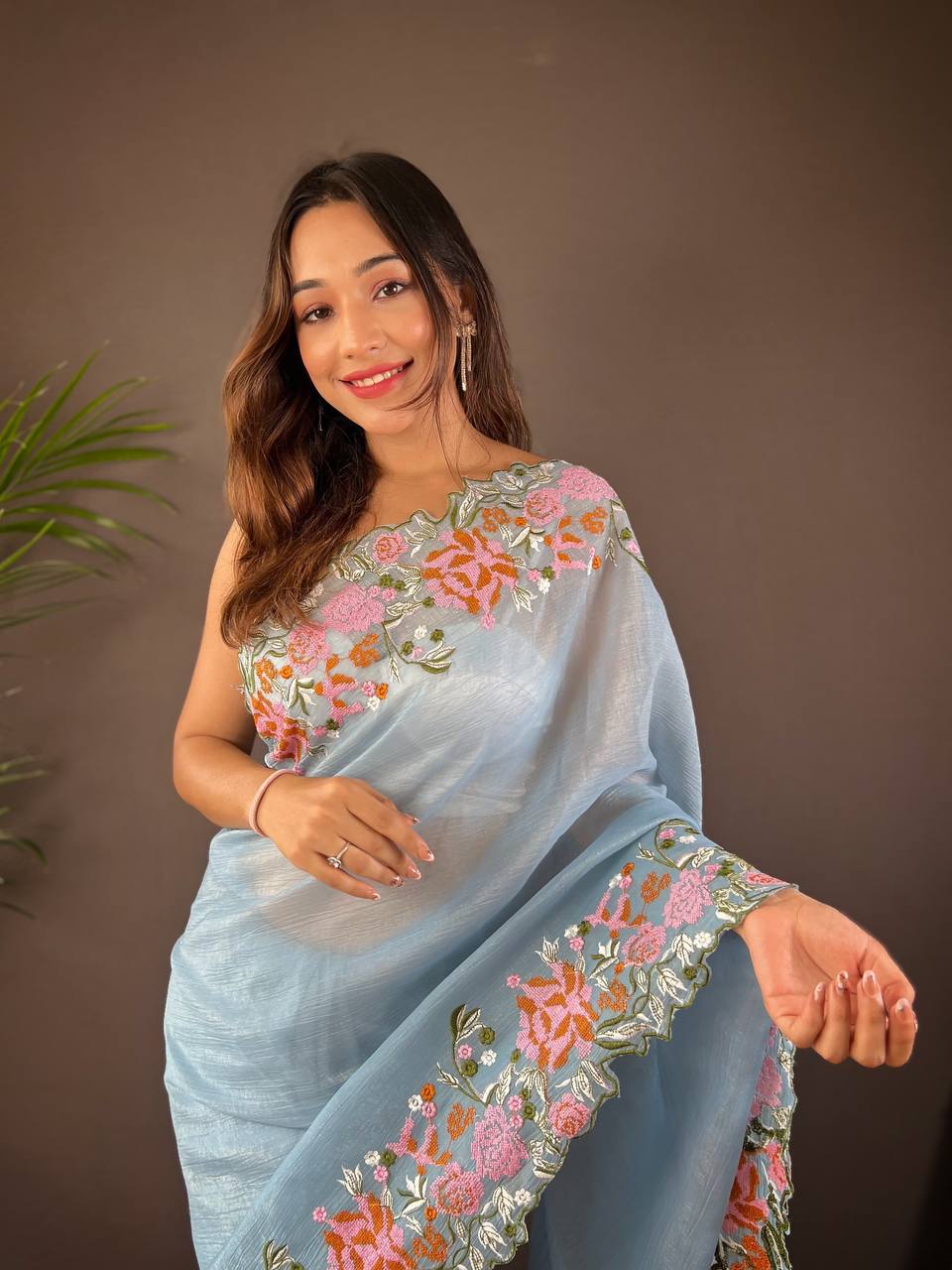 Teeya Creation Sky Color Soft Glossy Silk Heavy Embroidery Work Saree | Grocsy