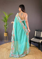 Teeya Creation Turquoise Color Soft Glossy Silk Heavy Embroidery Work Saree | Grocsy