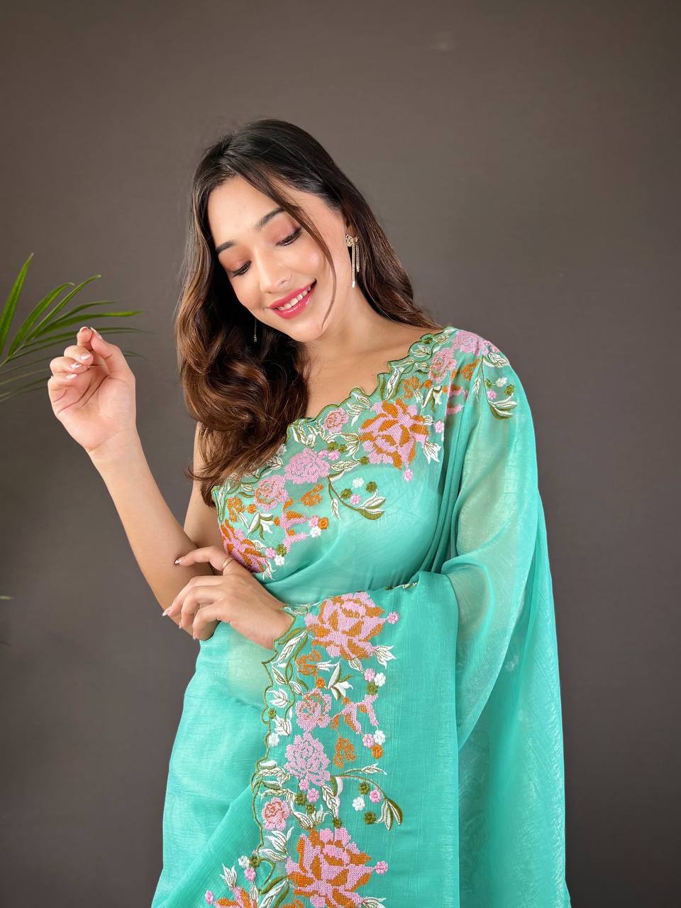 Teeya Creation Turquoise Color Soft Glossy Silk Heavy Embroidery Work Saree | Grocsy