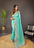 Teeya Creation Turquoise Color Soft Glossy Silk Heavy Embroidery Work Saree | Grocsy