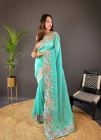Teeya Creation Turquoise Color Soft Glossy Silk Heavy Embroidery Work Saree | Grocsy