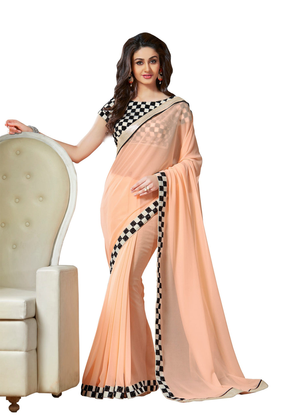 Vamika Peach Designer Georgette Embroidery Saree | Grocsy