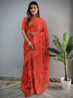 Teeya Creation Red Color Butterfly Work Embroidery Work Saree | Grocsy