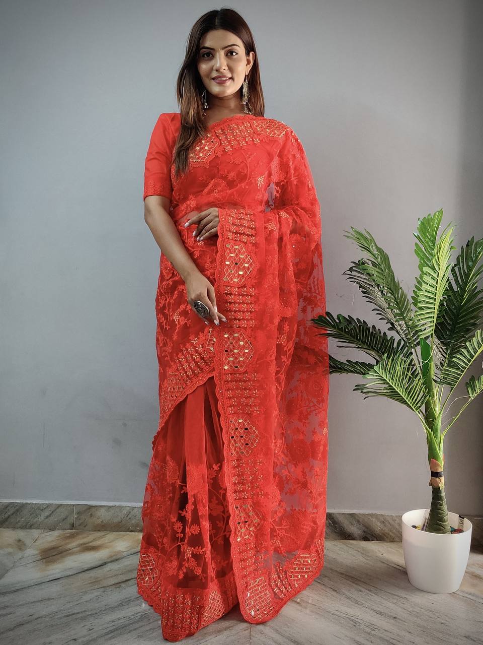 Teeya Creation Red Color Butterfly Work Embroidery Work Saree | Grocsy