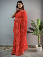 Teeya Creation Red Color Butterfly Work Embroidery Work Saree | Grocsy