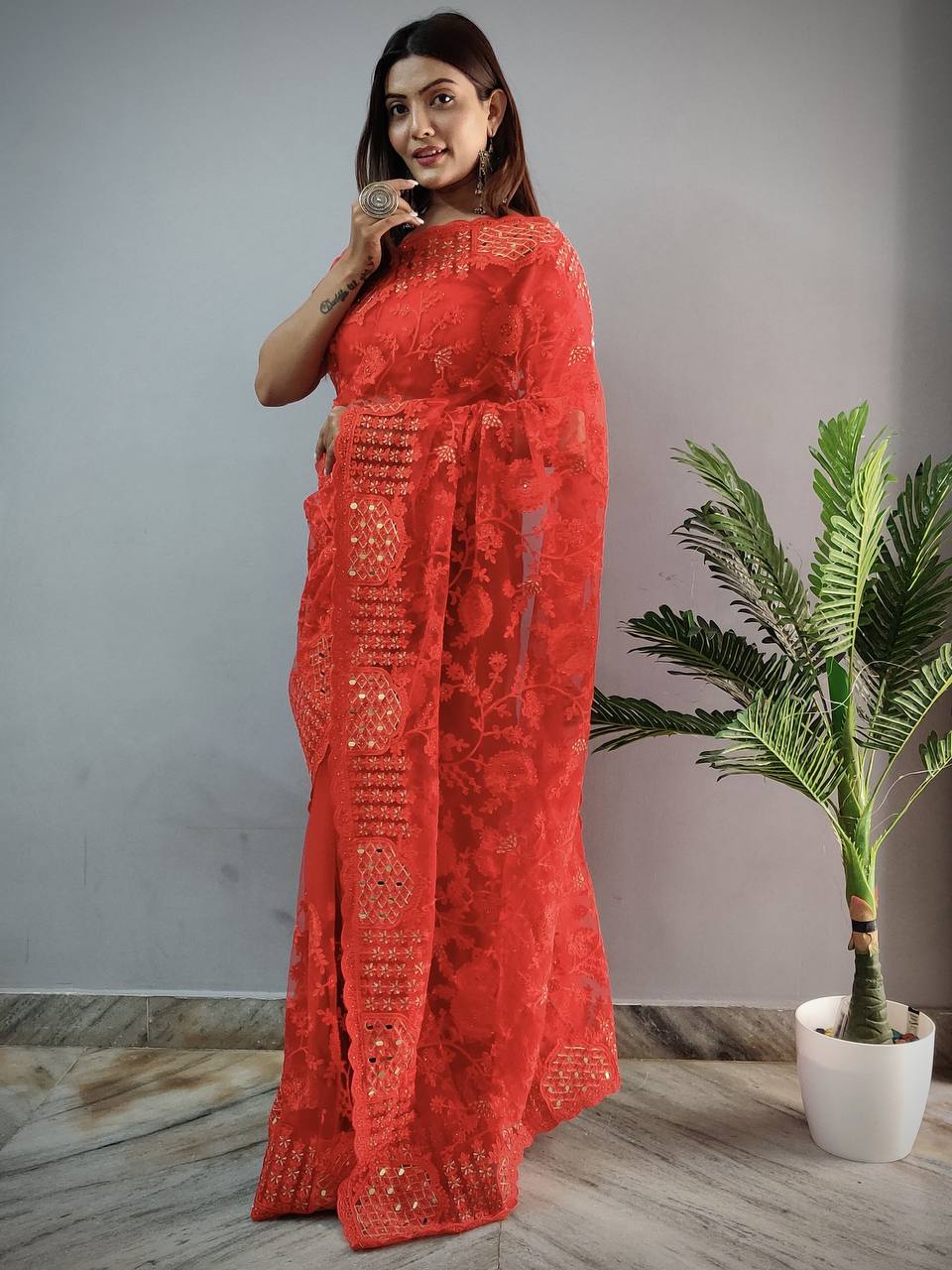 Teeya Creation Red Color Butterfly Work Embroidery Work Saree | Grocsy