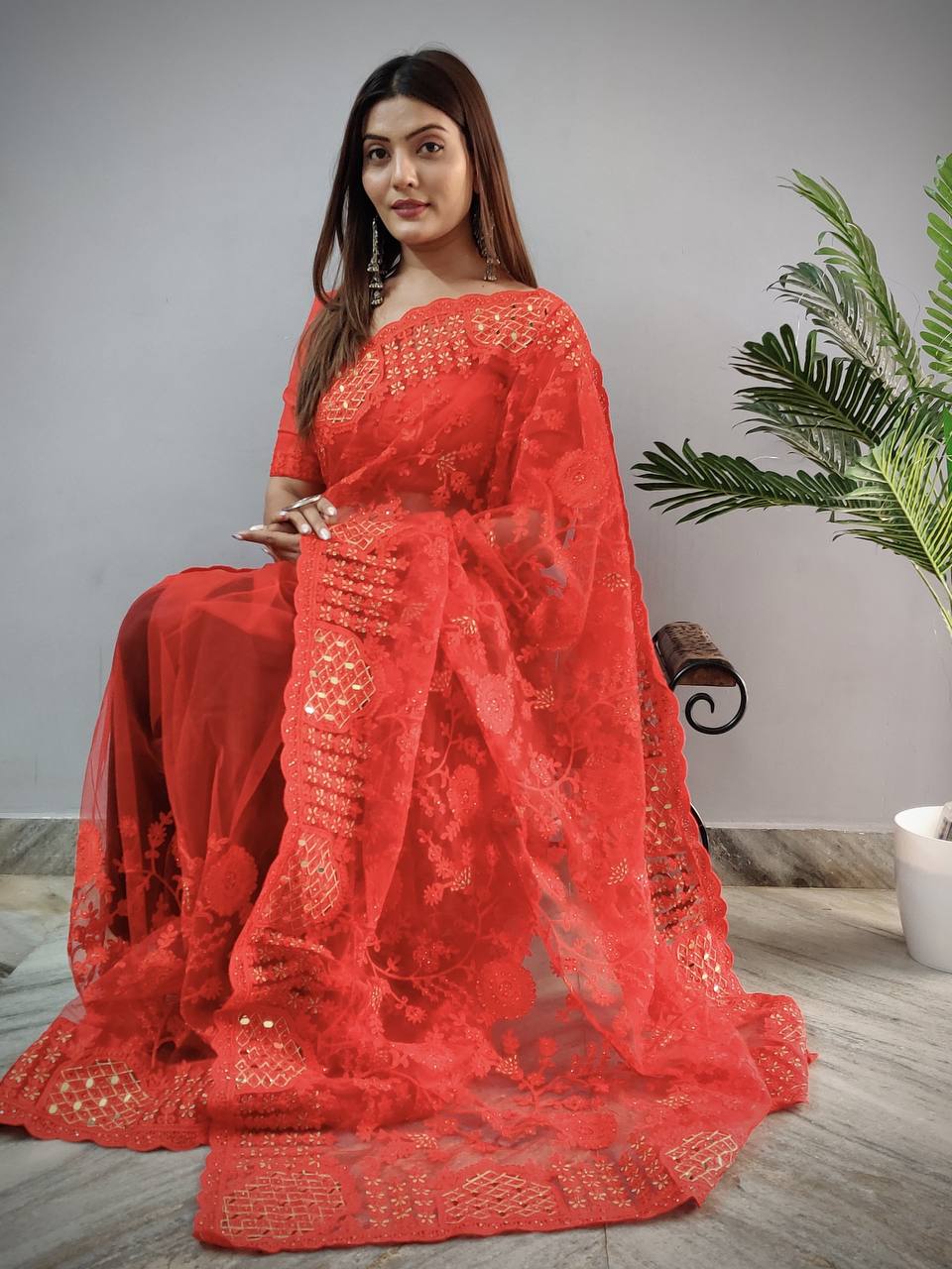 Teeya Creation Red Color Butterfly Work Embroidery Work Saree | Grocsy