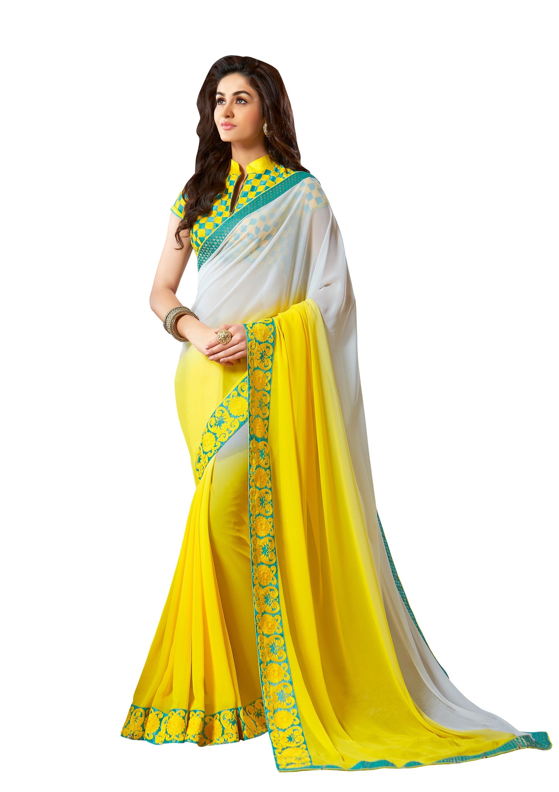 Vamika White & Yellow Designer Georgette Embroidery Saree | Grocsy