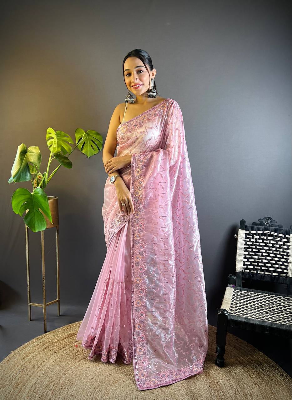 Teeya Creation Pink Color Twill Net Heavy Work Saree | Grocsy