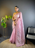 Teeya Creation Pink Color Twill Net Heavy Work Saree | Grocsy