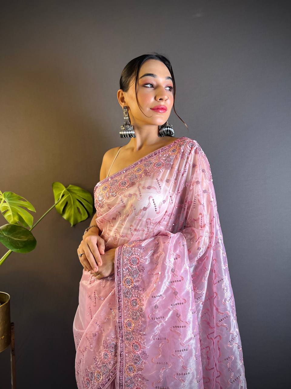 Teeya Creation Pink Color Twill Net Heavy Work Saree | Grocsy