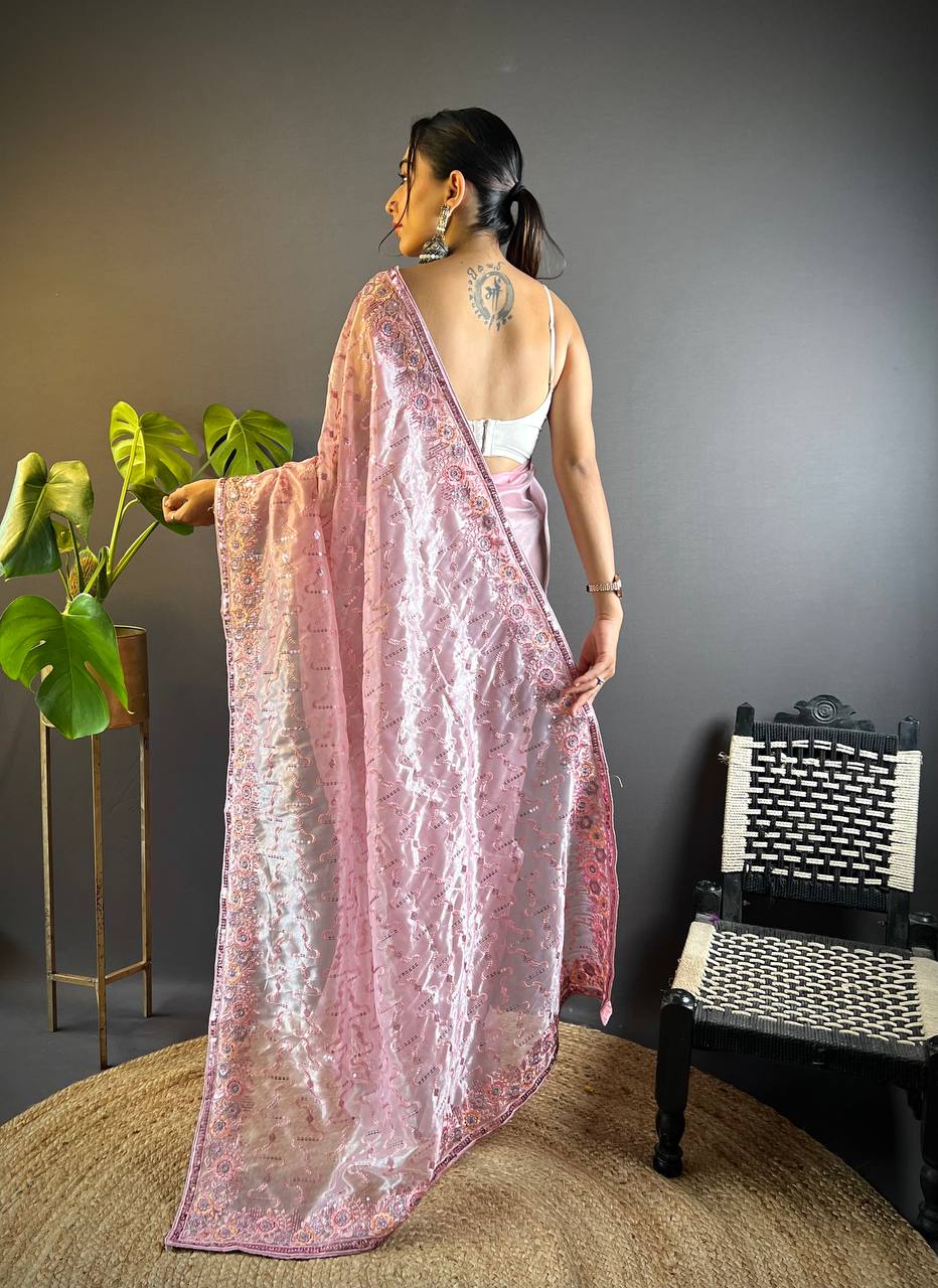 Teeya Creation Pink Color Twill Net Heavy Work Saree | Grocsy