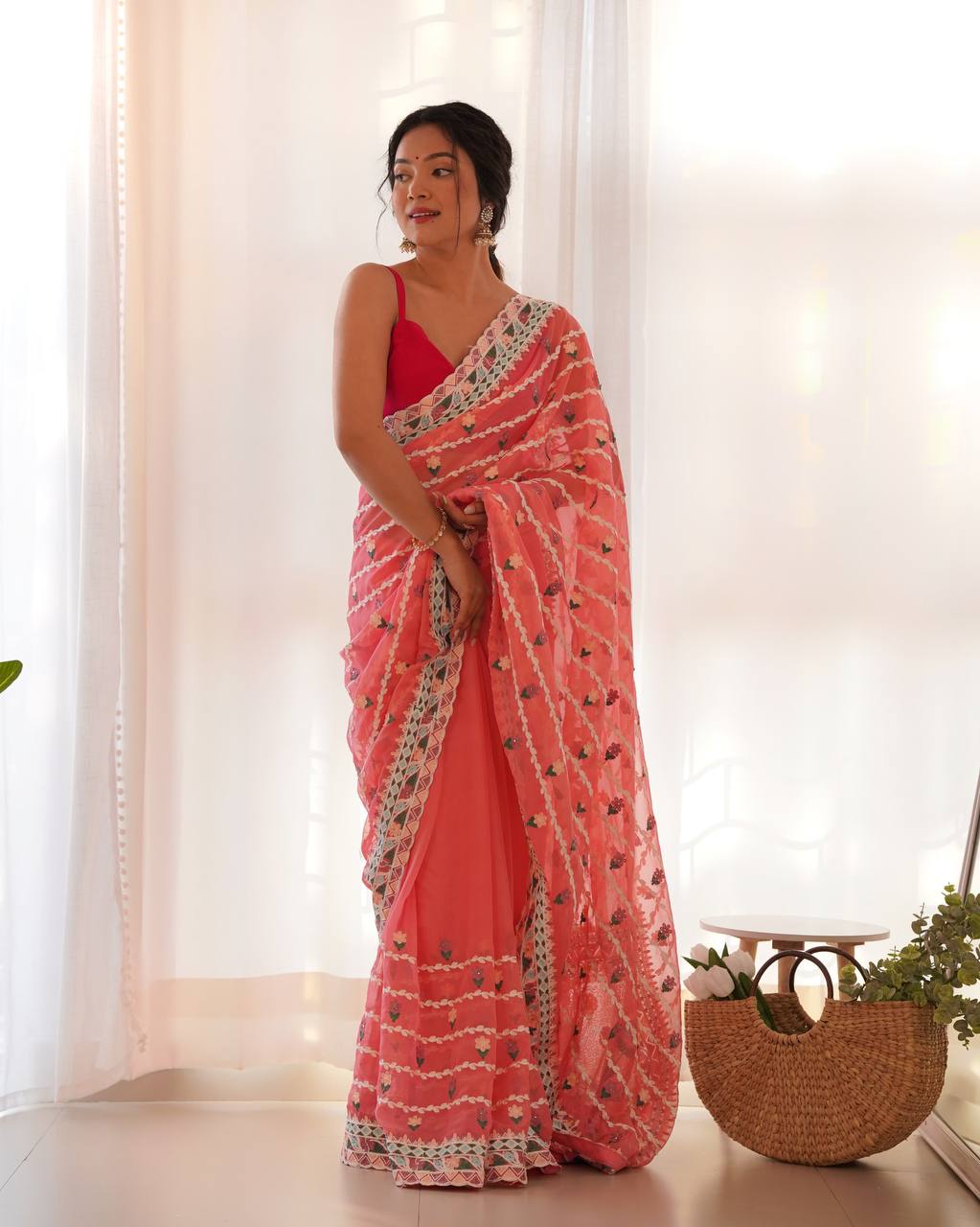 Teeya Creation Gajari Color Thai Organza Silk Embroidery Work Saree | Grocsy