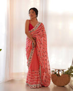 Teeya Creation Gajari Color Thai Organza Silk Embroidery Work Saree | Grocsy