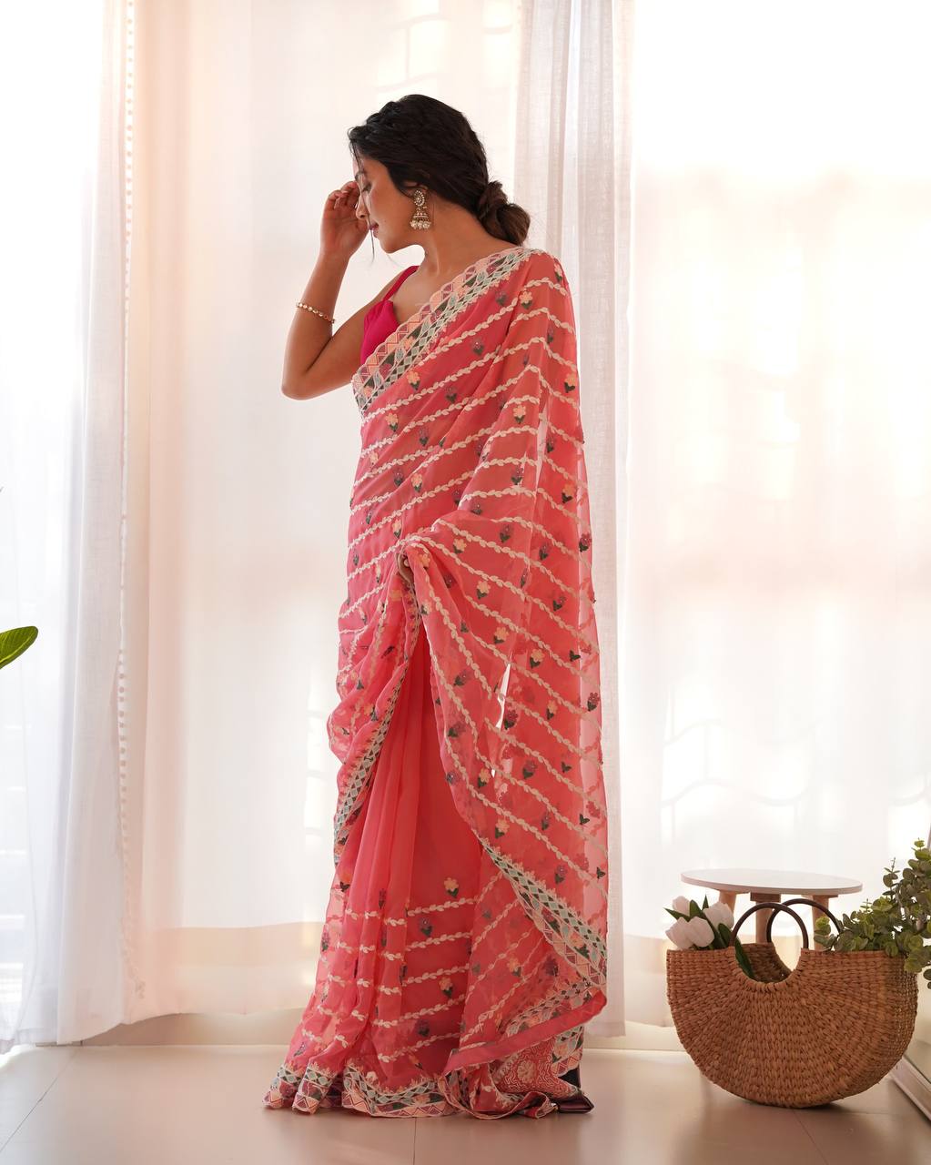Teeya Creation Gajari Color Thai Organza Silk Embroidery Work Saree | Grocsy