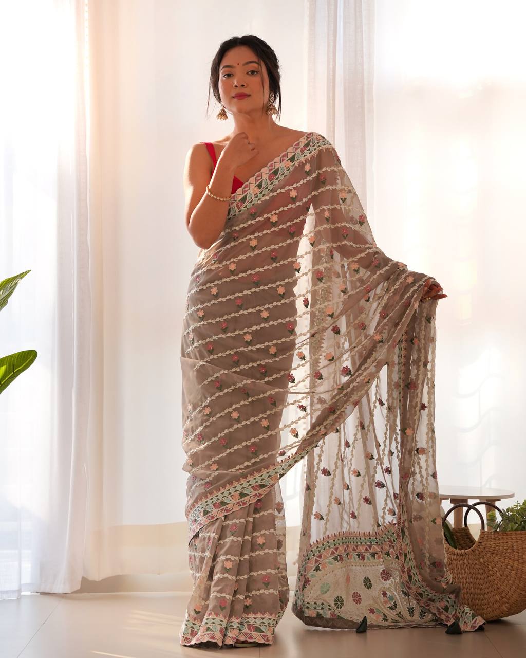 Teeya Creation Gajari Color Thai Organza Silk Embroidery Work Saree | Grocsy