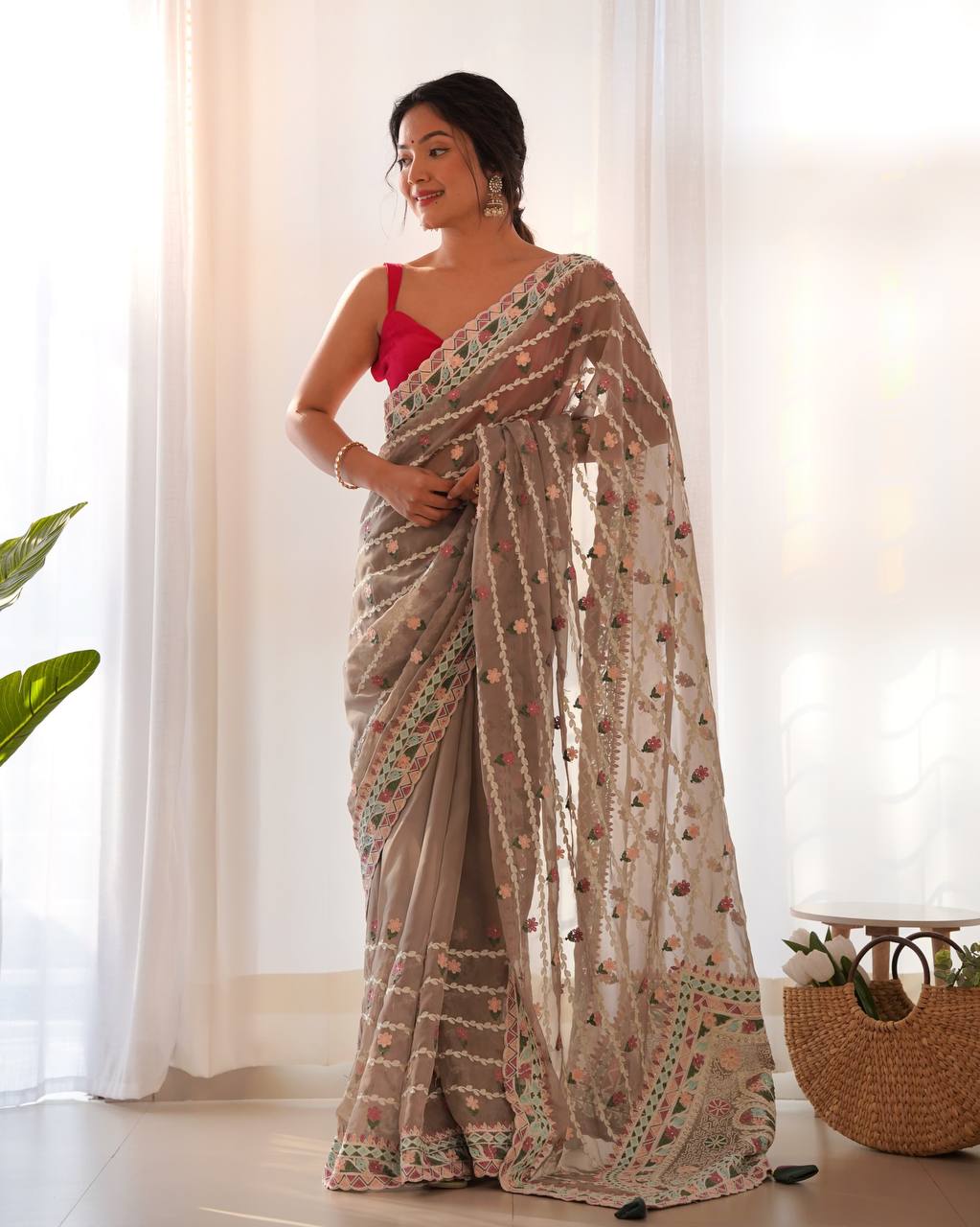 Teeya Creation Gajari Color Thai Organza Silk Embroidery Work Saree | Grocsy