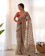 Teeya Creation Gajari Color Thai Organza Silk Embroidery Work Saree | Grocsy