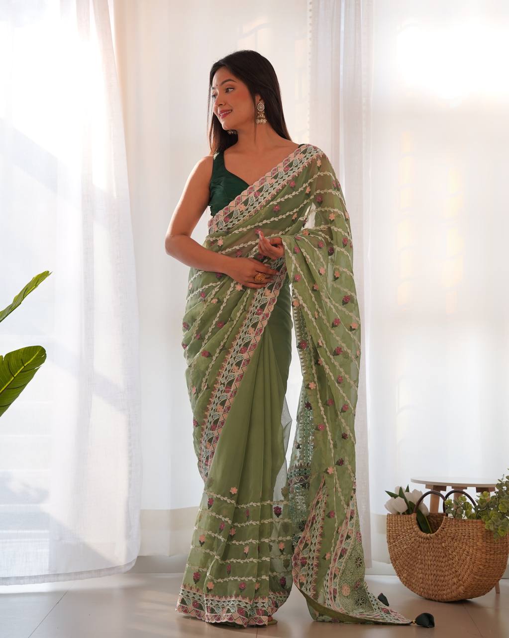 Teeya Creation Gajari Color Thai Organza Silk Embroidery Work Saree | Grocsy
