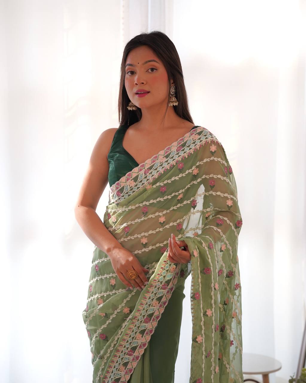 Teeya Creation Gajari Color Thai Organza Silk Embroidery Work Saree | Grocsy