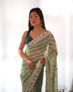Teeya Creation Gajari Color Thai Organza Silk Embroidery Work Saree | Grocsy