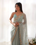 Teeya Creation Sky Color Thai Organza Silk Embroidery Work Saree | Grocsy
